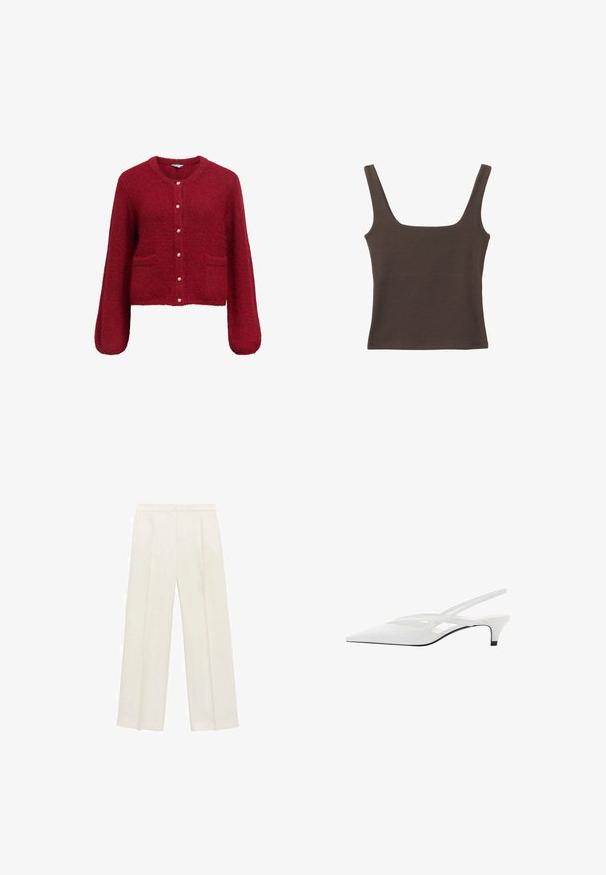 Cardigan rosso, corto, con maniche lunghe, realizzato in un materiale morbido e texture. Caratterizzato da chiusura a bottoni con dettagli dorati e due tasche frontali.; Top senza maniche marrone con scollo quadrato, realizzato in tessuto morbido ed elastico. Presenta un design aderente e cuciture piatte.; Pantaloni a gamba larga di un leggero colore crema. Realizzati in un tessuto morbido con pieghe sul davanti e tasche laterali.; Décolleté bianco con punta affilata, caratterizzato da una tomaia liscia, sottili aperture e un tacco a blocco basso. La suola nera esalta il design.