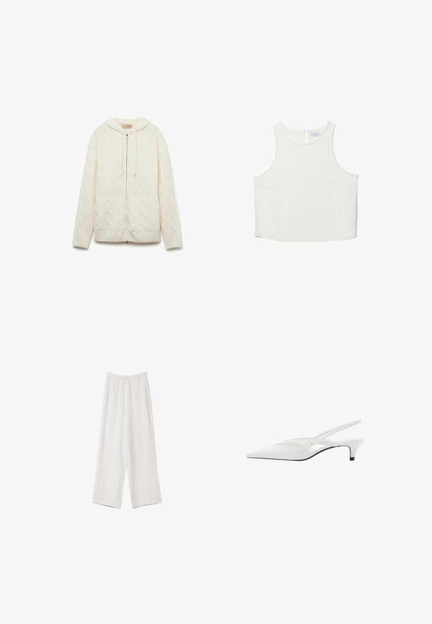 Krämfärgad kabelstickad huvtröja med dragkedja framtill, två framfickor och ribbade muddar. Mjuk känsla med en något oversized passform.; Vit ärmlös topp med rundad halsringning, featuring en subtil textur, detalj med nyckelhål i ryggen och rak nederkant.; Vita vida byxor i vid passform gjorda av ett lättviktsmaterial. Har en elastisk midja med dragsko och sidofickor. Slät textur.; Vit slingback-häl med spetsig tå, med en slät ovandel, subtila utskärningar och en låg blockklack. Svart sula framhäver designen.