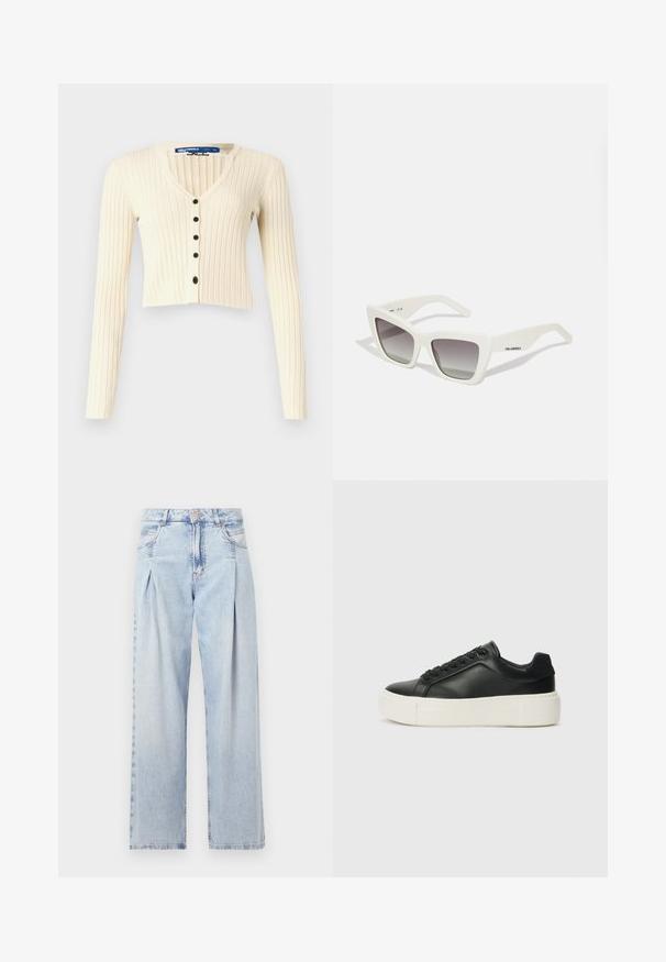 Kremo spalvos, raštuotas kardiganas su ilgomis rankovėmis ir V formos iškirpte. Turintis penkis juodus mygtukus su užsegimu. Apkarpytas dizainas.; Balta medvilninė marškinėliai trumpomis rankovėmis, su apvalia iškirpte ir laisvu siluetu. Lygi tekstūra, be raštų ar akcentų, minimalistinis dizainas.; Šviesiai mėlyni džinsai su aukštu liemeniu, plačiomis kojomis, dviem šoninėmis kišenėmis ir raukinių dizainu. Minkšta tekstūra su nudilusia apdaila.; Juodas odinis sportbačių modelis su apvaliu priekiu, baltu platformos padu ir juodais raišteliais. Yra subtilus logotipas ant kulno ir glotni tekstūra.; Baltos didelės saulės akys su matinio finisho, kampuotu dizainu, gradientiniais pilkais stiklais ir subtiliu prekės ženklu ant šakės.