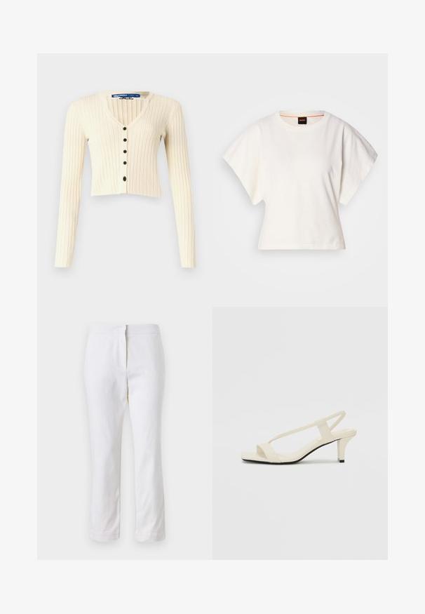 Cream-colored, ribbed cardigan with long sleeves and a V-neck. Features a button closure with five black buttons. Cropped design.; White cropped T-shirt, short wide sleeves, soft cotton material, round neckline with subtle orange trim, minimal design, no patterns or graphics.; White cotton pants with a straight leg design, featuring a mid-rise waist and no visible hardware or patterns. Smooth texture throughout.; Beige block-heeled sandals with thin straps and a square toe. Smooth material with minimal detailing, designed for easy wear.