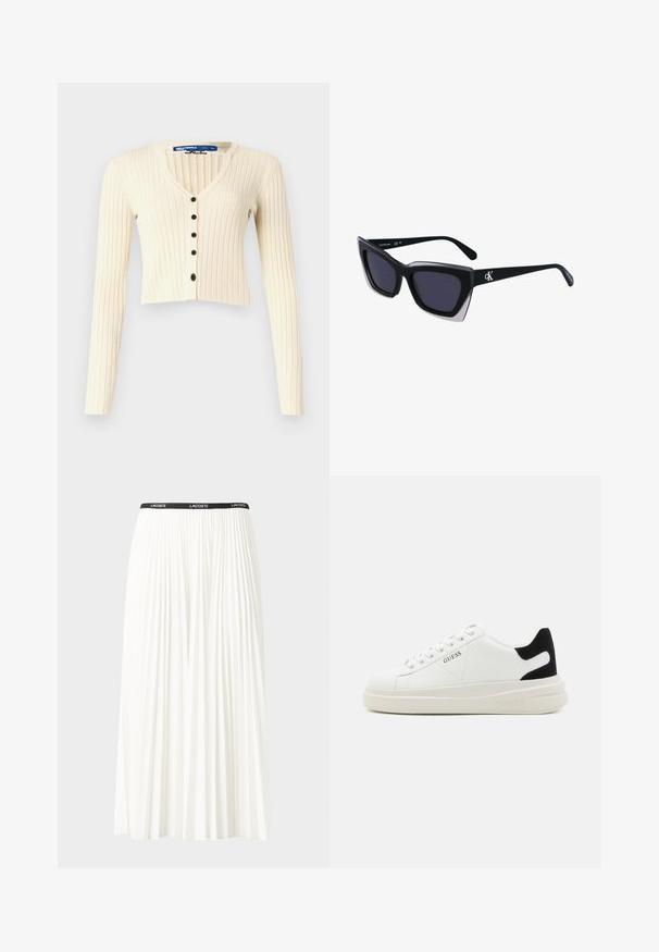 Kreemivärvi, soonikute ja V-kaelusega ribane kardigan. Omab viit musta nuppu ja nupulist kinnitamist. Lühikese disainiga.; Puuvillane T-särk horisontaalsete tumesiniste triipudega valgel taustal. Rinnal on kiri "Tommy Hilfiger" kantud kursiivis. Ümmargune kaelus.; Kurtitudega valge seelik musta elastse vööga, millel on "LACOSTE" logo. Keskmise pikkusega disain pehme tekstuuriga.; Valged nahast tennisetossud paksu valge tallaga, musta sametist kontsakeeuga ja külje peal riigilogo reljeefne kujundus. Lukkeskeem kuue silmaauguga.; Mustad suured mustad prillid geomeetrilise kujuga, tumedate läätsedega ja kontrastse halli detailiga raamidel. Logo käe peal.