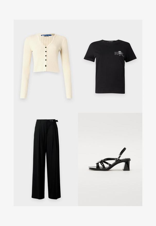 Kremowy, prążkowany kardigan z długimi rękawami i dekoltem w kształcie litery V. Posiada zapięcie na guziki z pięcioma czarnymi guzikami. Krótki krój.; Czarna koszulka t-shirt z krótkim rękawem wykonana z bawełny. Posiada biały nadruk z napisem "KARL" oraz stylizowaną postacią na klatce piersiowej. Okrągły dekolt.; Czarne spodnie szerokie w nogawkach z wysokim stanem, z plisami z przodu oraz paskiem z klamrą. Wykonane z gładkiego, lekkiego materiału.; Czarne lakierowane sandały na wysokim obcasie z otwartym palcem, szerokimi paskami, regulowanym zapięciem i geometrycznym słupkowym obcasem.