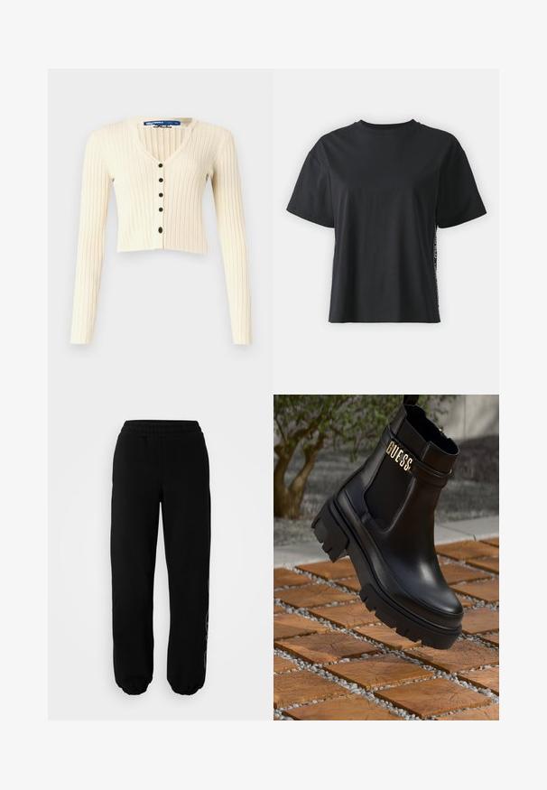 Crème-kleurige, geribde cardigan met lange mouwen en een V-hals. Voorzien van een knoopsluiting met vijf zwarte knopen. Verkorte ontwerp.; Zwarte katoenen t-shirt met korte mouwen, ontspannen pasvorm en contrasterend zijpaneel met kleine tekst en ontwerpelementen.; Zwarte sweatpants met een elastische tailleband en boorden. Gemaakt van zachte stof met een subtiele ontwerpelement aan de linkerpijp.; Zwarte leren enkelboot met een chunky rubberen zool, elastische zijpanelen en een gouden accent met "GUESS" branding.