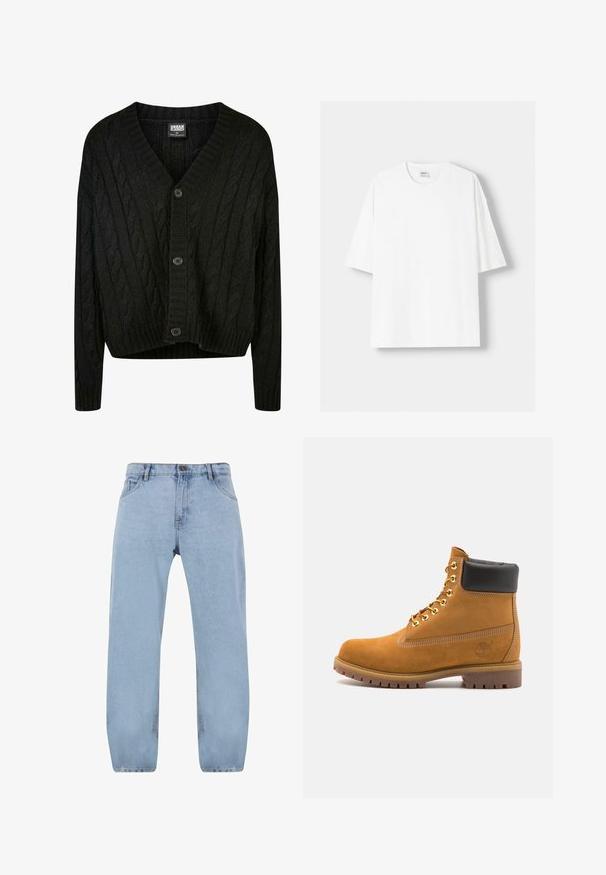 Černý kardigan pletený do vzoru kabelu s V-výstřihem, dlouhými rukávy a pěti hnědými knoflíky vpředu. Má žebrované detaily a zkrácený lem.; Bílá krátkosrstá tričko s krátkým rukávem vyrobené z bavlny, se zaobleným výstřihem a volným střihem. Hladká textura, bez viditelných vzorů nebo akcentů.; Světle modré denímové džíny se střihovým stylem rovné nohavice, které mají čtyři kapsy, zipový uzávěr a zlaté švy.; Hnědé semišové kotníkové boty s černým polstrovaným límcem, zlatými kovovými očky, bílým prošíváním a odolnou gumovou podrážkou s výraznými drážkami.