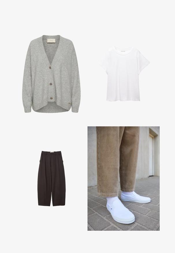 Grå cardigan lavet af blødt uld, med V-hals, lange ærmer og tre frontknapper samt en let buet kant.; Hvid T-shirt lavet af blødt, let stof. Har en rund halsudskæring og korte, brede ærmer med en afslappet pasform. Ingen synlige mønstre.; Sorte brede bukser lavet af et glat stof, med høj talje, forfaldne folder og sidelommer. Simpelt design uden udsmykninger.; Hvide slip-on sko med en glat lærredsoverflade, båret med hvide sokker og parret med beige kordfløjl-bukser, på en struktureret murstensoverflade.