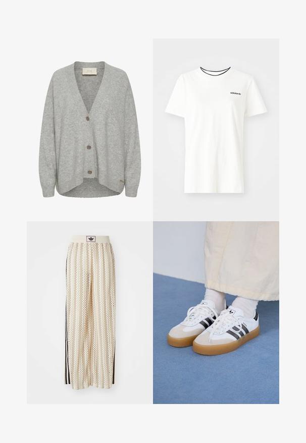 Hallux hallux pehmeast villast, V-kaelusega, pikade varrukatega ja kolme eestpoolt nööbiga, millel on kergelt kõverdatud äär.; Valge puuvillasest t-särgist lühikeste varrukatega ja ümarate kaelustega. Rinnal on must Adidas'i logo ning kontrastne must sisekaelus.; Kreemivärvilised lai säärega püksid, millel on siksakmustrit, must logoga vööp ja külgmised mustad triibud. Kerge, tekstureeritud kangas.; Valged tossud mustade triipudega ja beeži nahaga aktsentidega. Omavad tekstuuriga kummist talla ja lamedaid valgeid paelu, kantud heledate sokkidega.