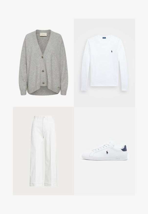 Sivi kardigan od mekog vune, s V-izrezom, dugim rukavima i tri prednja dugmeta, s blago zakrivljenim obrubom.; Bijela košulja dugih rukava, pamuk, okrugli izrez, s malim mornarskim logotipom na lijevoj strani prsiju. Jednostavan dizajn, regularna kroja.; Bijele široke hlače s visokim strukom, s kopčanjem na dugme i suptilnim detaljima šivanja. Izrađene su od pamuka s glatkom teksturom.; Bijele kožne tenisice s glatkom površinom, tamnoplave naglaske i mali logo sa strane. Imaju ravne vezice i teksturiranu gumu za potplat.