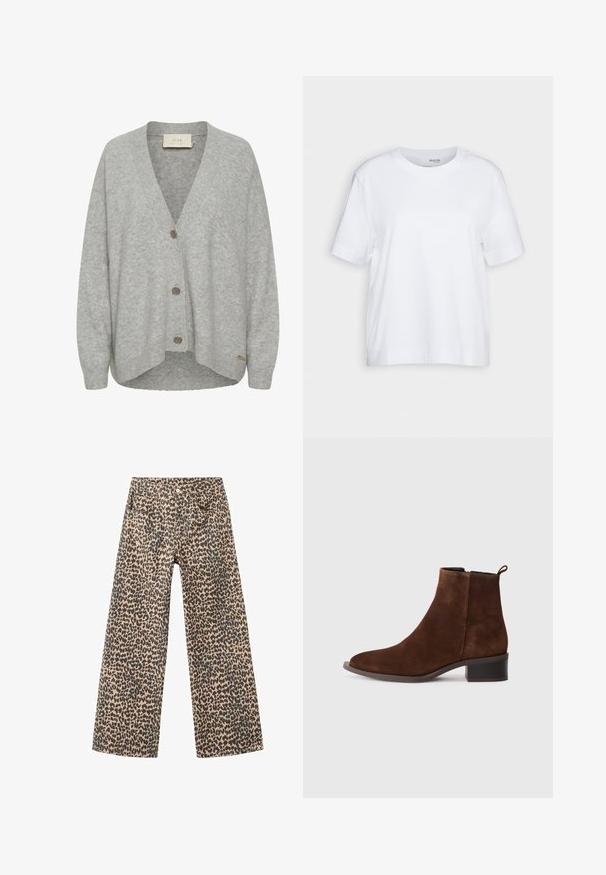 Sivý kardigán vyrobený z jemnej vlny, s výstrihom do V, dlhými rukávmi a tromi prednými gombíkmi, s mierne zakriveným lemom.; Biela krátka rukávová tričko, s okrúhlym výstrihom, vyrobené z jemnej a hladkej bavlnenej tkaniny, s rovnými okrajmi a minimálnymi detailami. Jednoduchý a univerzálny dizajn.; Dvojité nohavice z denimu v pieskových farbách s čiernym leopardím vzorom; obsahujú päť vreciek a predné zapínanie na gombík.; Hnedé semišové členkové topánky s okrúhlou špičkou, nízkym blokovým podpätkom a bočným zipsom. Obsahujú úchyt na zadnej strane pre jednoduchšie obúvanie.