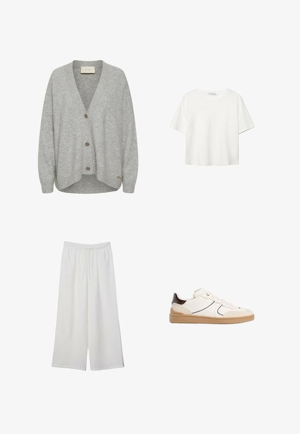 Harmaa villatakki, joka on valmistettu pehmeästä villasta. Siinä on V-pääntie, pitkät hihat ja kolme etupainiketta, sekä hieman kaareva helma.; Valkoinen lyhythihainen T-paita, joka on tehty puuvillasta. Siinä on pyöreä kaula-aukko ja rento malli. Silkkinen pinta ilman näkyviä kuvioita tai koristeita.; Valkoiset leveälahkeiset housut, jotka on valmistettu kevyestä kankaasta. Niissä on joustava vyötärö ja nauha säädettävää istuvuutta varten. Sileä pinta.; Stradivarius Matalavartiset tennarit - white