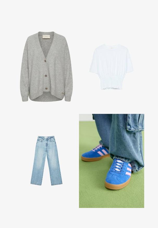 Grå cardigan lavet af blødt uld, med V-hals, lange ærmer og tre frontknapper samt en let buet kant.; Hvid kortærmet T-shirt med afslappet pasform og smocked tekstur ved taljen. Lavet af blødt, letvægtsstof.; Lyseblå denim bukser med bred benvidde og høj talje, præget af en falmet vask og små, spredte slidte detaljer overalt.; Blå ruskindsko med pink striber og hvide snørebånd, med en sål af gummi, parret med løse denimbukser på en grøn overflade.