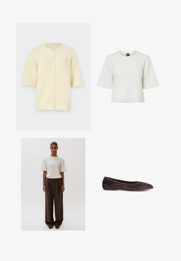 Kortærmet gul cardigan lavet af ribbet tekstur med rund halsudskæring og knaplukning forneden.; Hvid, kortærmet top med et struktureret, ribbet mønster og en rund halsudskæring. Lavet af et blødt materiale. Kort længde.; Cremehvid afslappet t-shirt med korte ærmer, kombineret med højtaljede, brede brune bukser. Simpelt design, glatte teksturer.; Brune ruskinds ballerina med spids tå og lav profil. Har en glat tekstur og minimalistisk design. Ingen synlig hardware eller accenter.