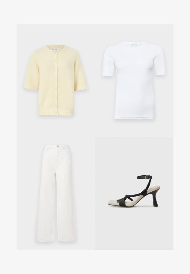 Cardigan galben cu mânecă scurtă, realizat dintr-un material texturat cu nervuri, având un guler rotund și închidere cu butoane pe față.; Tricou alb cu mânecă scurtă, fabricat din bumbac. Are un decolteu rotund și o textură fină, cu cusături minime vizibile la tiv.; Jeanși albi cu talie înaltă și croi larg, confecționați din denim. Dispun de buzunare frontale, închidere cu nasture și detalii cu margini desfăcute.; Sandal cu toc negru, cu design de curea împletită, vârf pătrat și curea de gleznă ajustabilă. Tălpică de un bej deschis și toc negru lucios.