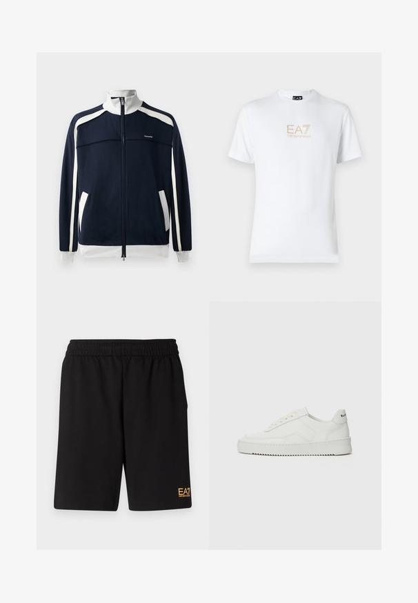 Giacca sportiva navy con zip, dettagli bianchi, colletto e polsini a coste, due tasche laterali e un piccolo logo sul petto. Tessuto dalla consistenza liscia.; T-shirt bianco in cotone con scollatura rotonda e maniche corte, con il logo oro EA7 Emporio Armani stampato sul fronte.; Pantaloni sportivi neri realizzati in tessuto morbido, con vita elastica e un piccolo logo EA7 giallo sulla parte bassa della gamba sinistra.; Sneaker in pelle bianca con una finitura liscia, punta rotonda, lacci piatti e suola testurizzata. Presenta un logo discreto sul tallone.