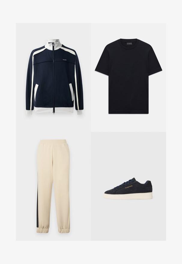 Giacca sportiva navy con zip, dettagli bianchi, colletto e polsini a coste, due tasche laterali e un piccolo logo sul petto. Tessuto dalla consistenza liscia.; T-shirt nero a maniche corte con colletto a girocollo, dotato di un sottile motivo a rilievo al centro del petto e di un'etichetta di marca all'interno del colletto.; Pantaloni sportivi color crema con strisce laterali nere, vita elastica e polsini a costine. Tessuto morbido con vestibilità rilassata.; Sneaker bassa in suede blu navy con suola bianca, lacci blu navy e logo "Filling Pieces" in oro sul lato.