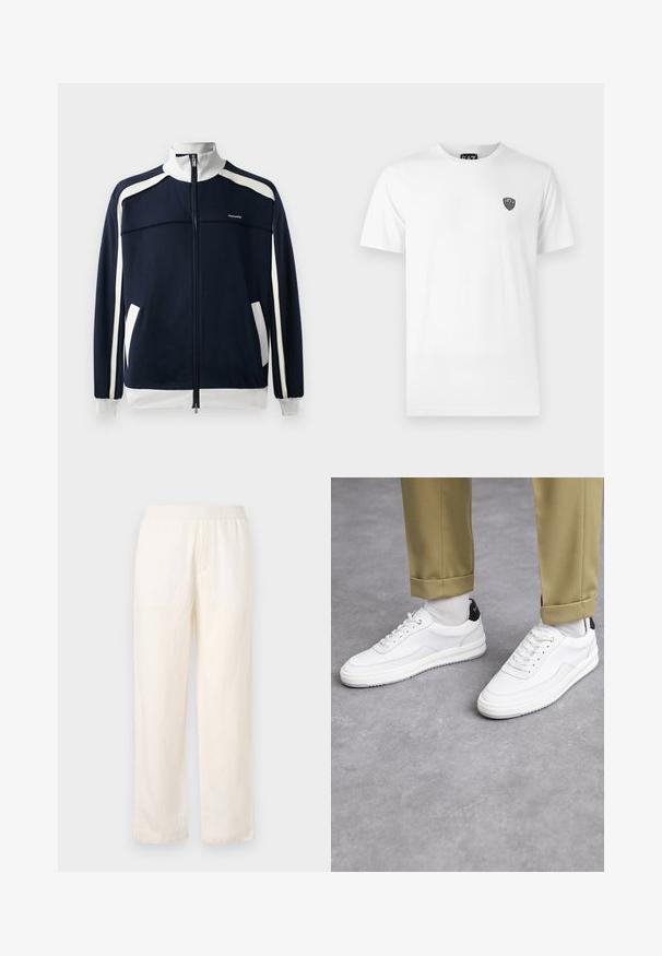 Marineblauwe sportjack met rits en witte accenten, ribgebreide kraag en boorden, twee zijzakken en een klein logo op de borst. Soepele stoftextuur.; Witte katoenen t-shirt met korte mouwen, voorzien van een klein zwart logo op de linkerborst. Klassiek ronde hals ontwerp.; Lichte, crèmekleurige broek met een elastische tailleband, rechte pijpen en een subtiele textuur. Heeft geen zichtbare zakken.; Witte sneakers met een textuur van leerafwerkingen, een ronde neus en een zwarte hielaccent. Rubberen zool met een klein profiel en gestikte details.