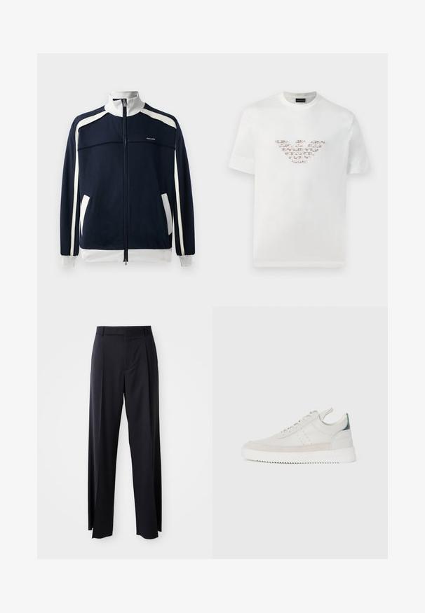 Jūras spēku zipa sporta jaka ar baltajām akcentiem, ribotām apkaklēm un aprocēm, divām sānu kabatām un mazu logotipu uz krūšu daļas. Gluda auduma tekstūra.; Baltas kokvilnas T-krekls ar īsām piedurknēm un apaļu kakla izgriezumu. Iekļaujas centrāls logo dizains rozā un brūnos toņos.; Melnas, augstās vidukļa bikses ar platām kājām, izgatavotas no gludas auduma. Iezīmē priekšējās krokas un jostas cilpas. Minimalistisks dizains, bez redzamām detaļām.; Baltas ādas sporta apavi ar pelēka zamšādas akcentiem, saistoša dizaina, ar vilkšanas cilpu un teksturētu gumijas zoli, kas raksturojas ar zigzag rakstu.