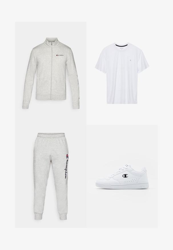 Sudadera con cremallera gris claro, hecha de tela suave, con un cuello alto y el logotipo bordado de "Champion" en el lado izquierdo del pecho.; Camiseta de algodón de cuello redondo en color blanco, con mangas cortas y un pequeño logo bordado en el área del pecho izquierdo. Textura suave.; Pantalones de chándal de algodón gris claro con puños acanalados, que presentan un logo vertical en azul marino de "Champion" y una textura sutil. Cintura elástica para mayor comodidad.; Zapatillas deportivas blancas con un upper sintético suave, acento del logo en negro y detalles perforados en los laterales. Suela de goma.
