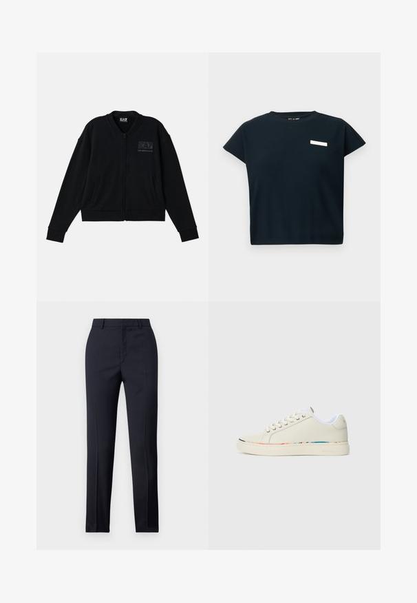Jaqueta preta com fecho éclair, feita de tecido suave, com colarinho redondo, mangas longas, dois bolsos frontais e um detalhe de logotipo em relevo no peito.; Top preto canelado de mangas curtas com decote redondo, apresentando um pequeno rótulo branco no peito, feito de um tecido macio semelhante ao algodão.; Calças ajustadas em azul-marinho com corte reto, apresentando uma textura suave, dois bolsos frontais e um cós liso.; Sapatilha de cano baixo em off-white com design de atacadores, forro interior branco e detalhes discretos em várias cores ao longo da borda da sola, vista lateral.