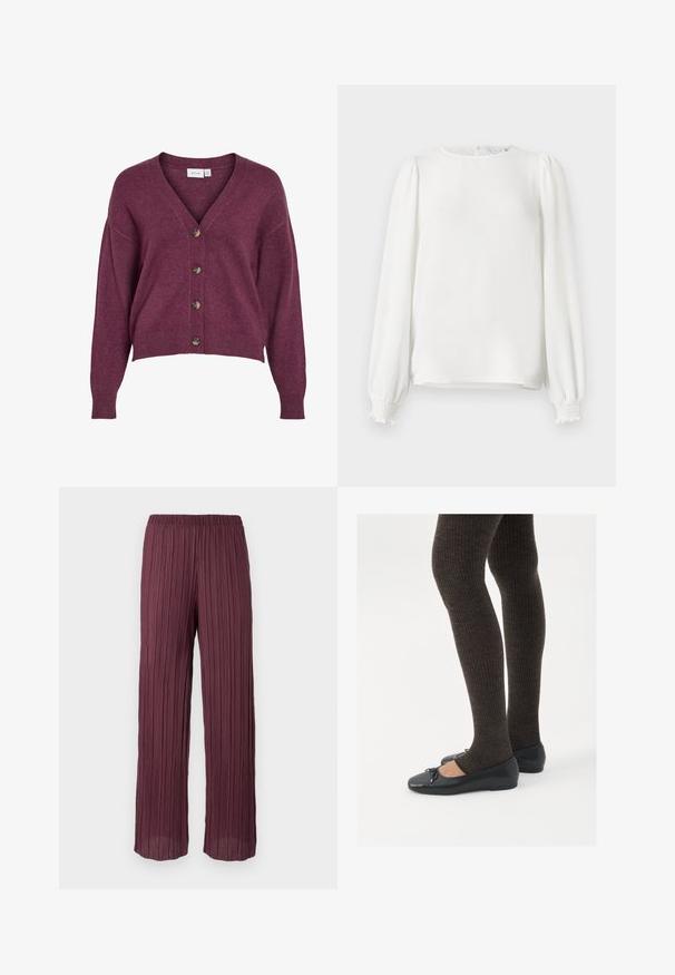 Bordo skraćeni kardigan s V-izrezom, pet smeđih dugmadi i dugim rukavima s rebrastim manžetama i rubovima od mekanog pletenog materijala.; Bijela bluzica dugih rukava izrađena od lagane tkanine, s okruglim izrezom, nabranim puff rukavima i elastičnim manžetama.; Nabrane hlače u tamnoj burgundi s elastičnim pojasom, s lepršavim, širokim nogavicama i vertikalnim naborima kroz cijelu dužinu.; Crne ravne cipele s malim mašnom na vrhu prstiju, uparene s tamnosmešnim rebrovanim čarapama. Cipele imaju glatku teksturu i nizak profil.