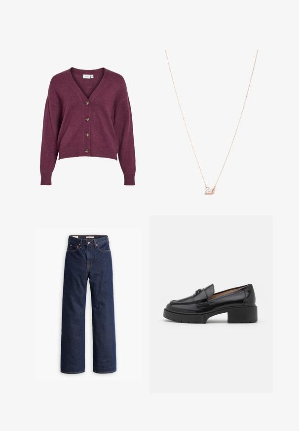 Burgundi színű, rövidített kardigán V-nyakkal, öt barna gombbal és hosszú ujjakkal, bordás mandzsettával és aljjal, puha kötött anyagból.; Fénykék blúz fényes anyagból, klasszikus gallérral, gombos elejével, puffos ujjaival és fodros, réteges szegéllyel.; Sötétkék egyenes szárú farmernadrág öt zsebbel, narancssárga varrással és gombos záródással.; Fekete bőr loafer alacsony blokk sarkú, lekerekített orrú, díszes pánttal és textúrált varrással a felső részen. Simító felület.; Rózsaarany nyaklánc hattyú medállal, amelyet tiszta kristályok díszítenek. A lánc finom láncszemes kialakítású.
