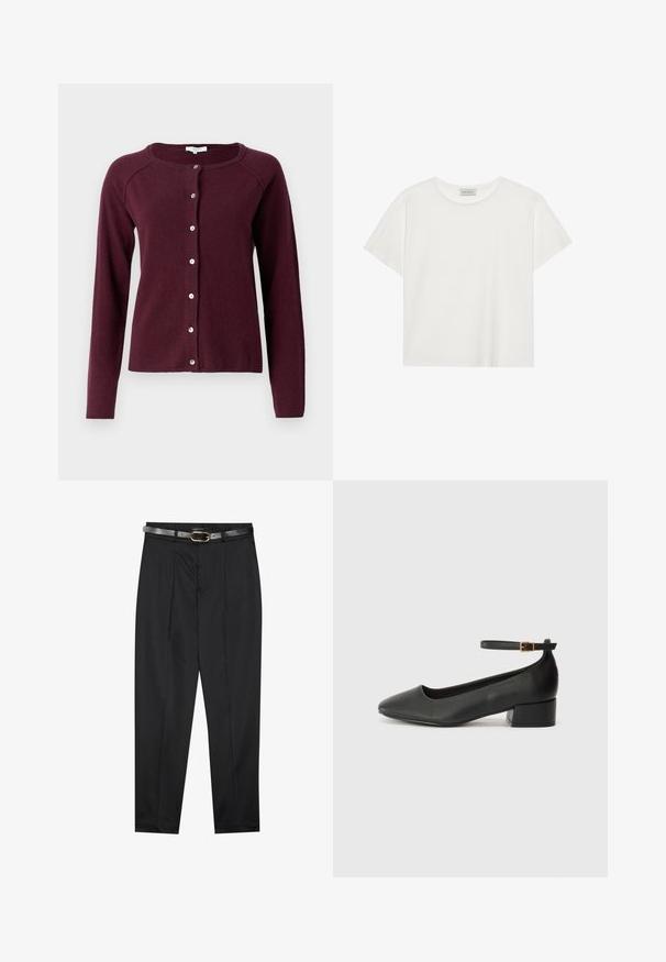 Rosemunde LAICA O NECK CARDIGAN - Kardigán - winetasting; Biele tričko s krátkymi rukávmi vyrobené z jemnej bavlny. Má okrúhly výstrih a voľný strih. Čistý dizajn bez viditeľných vzorov alebo akcentov.; Čierne nohavice s hladkým materiálom, s priliehavým pásom a textúrovaným šedým opaskom so zlatou sponou. Mierne zúžené nohavice.; Čierne kožené lodičky s špicatou špičkou a nízkym blokovým podpätkom. Obsahuje remienok okolo členka so zlatým prackou. Hladký povrch.