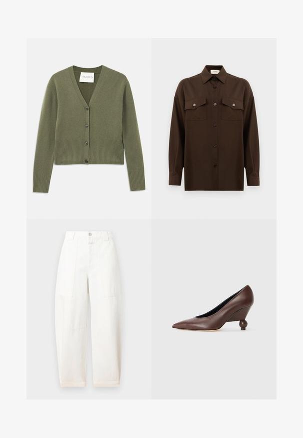 Olivevihreä neulecardigan, jossa on syvä V-pääntie, ribbineulotut hihansuut ja helma, sekä viisi mustaa nappia edessä. Pehmeä rakenne ja lyhyempi muoto.; Tumma ruskea pitkähihainen napitettava paita, jossa on kaksi läpällistä rintataskua ja klassinen kaulus, esiteltynä yksinkertaista valkoista taustaa vasten.; CLOSED RHANNON - Leveälahkeiset - ivory; Ruskeat nahkakengät, joissa on viistopohja, kärjessä terävä muoto ja pyöreä, pallomainen korko. Pintamateriaali on sileä, ja design on yksinkertainen, minimaalisin yksityiskohdin.
