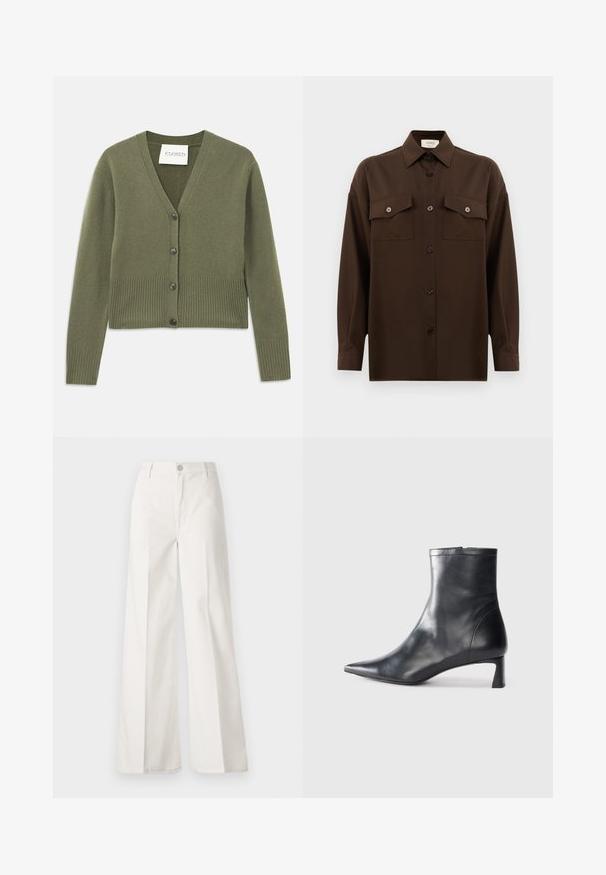 Zeleno-olivový pletený cardigan s hlbokým výstrihom do V, rebrovanými manžetami a lemom, a piatimi čiernymi gombíkmi na prednej strane. Mäkkučká textura a kratší strih.; Tmavohnedá košeľa s dlhým rukávom, na gombíky, s dvoma vreckami na hrudi a klasickým golierom, umiestnená na jednoduchom bielom pozadí.; Biele široké nohavice vyrobené z bavlny s hladkou textúrou. Obsahujú predný gombík, zips a dizajn so štyrmi vreckami.; Čierne kožené členkové topánky s špicatou špičkou a elegantným dizajnom. Majú nízky podpätok a zips na zadnej strane. Hladká textúra.