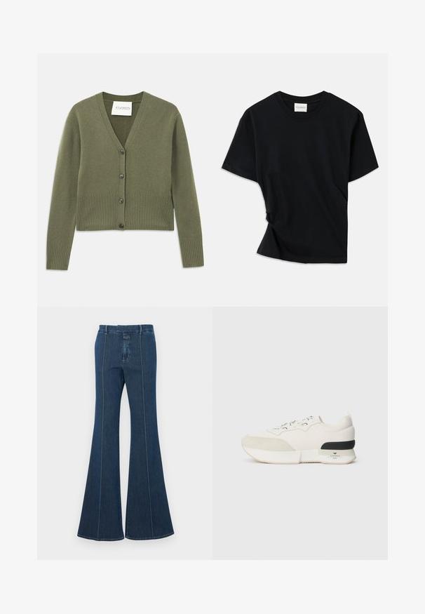 Olivenfarget strikket cardigan med dyp V-hals, ribbestrikket mansjetter og hem, og fem svarte knapper foran. Myk tekstur og cropped design.; Svart t-skjorte laget av myk bomull, med rund hals, korte ermer og et lett vridd design for en avslappet passform.; Dongeribukser med høy midje i mørkeblått, med strukturerte sømmer og en ren finish. Har en middels høy midje og vide, flytende ben.; Hvite sneakers med en teksturert ser ut som en suede tåhette, glatt mesh-overdel, dekorative snørebånd og en svart gummihælaccent.
