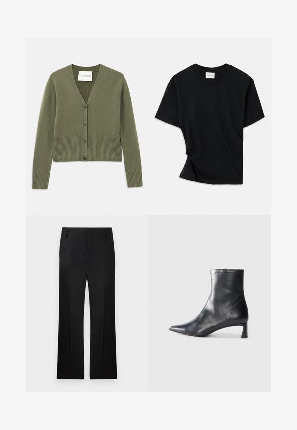 Oliwkowy sweter dzianinowy z głębokim dekoltem w kształcie litery V, ściągaczami na mankietach i u dołu oraz pięcioma czarnymi guzikami z przodu. Miękka tekstura i krótki fason.; Czarny t-shirt wykonany z miękkiej bawełny, z okrągłym dekoltem, krótkimi rękawami i lekko skręconym fasonem zapewniającym luźny krój.; Czarne spodnie, o prostym kroju, wykonane z gładkiego materiału. Charakteryzują się subtelnymi plisami z przodu oraz płaskim stanem z szlufkami na pasek.; Czarne skórzane botki sięgające kostki z ostrym noskiem i eleganckim designem. Posiadają niski obcas oraz zamek błyskawiczny z tyłu. Gładka faktura.