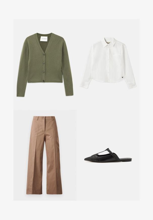 Olive roheline kootud kardigan sügava V-kaelusega, ribakäiste ja äärega ning viis musta nuppu ees. Pehme tekstuur ja lühikese disain.; Valge lühikesed varrukad puuvillane särk. Omab nööbiga esist, rinna taskut ning väikest musta logo all vasakul.; Pruunid lai jalgadega püksid, mis on valmistatud siledast kangast, esise nööbiga kinnitusega, kahte esist taskut ja puhtaid, vormitud jooni.; Must kuulsad nahast kandadega kingad, millel on terav nina, koos kootud detaili ja volditud ülaosaga. Lame tald minimaalse riistvaraga.