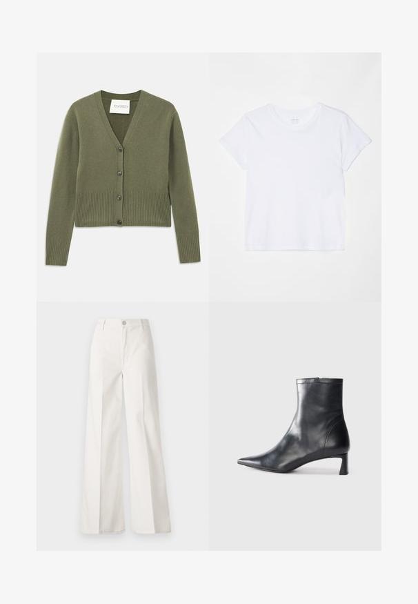 Cardigan tricotado verde-oliva com um decote em V profundo, punhos e bainha canelados, e cinco botões pretos à frente. Textura macia e design cropped.; FRAME BABY TEE - T-shirt básica - white; Calças largas brancas feitas de algodão com uma textura suave. Apresenta um botão frontal, fecho de correr e um design de quatro bolsos.; Bota de tornozelo em pele preta com biqueira apontada e um design elegante. Apresenta um salto baixo e um fecho com zipper na parte de trás. Textura suave.