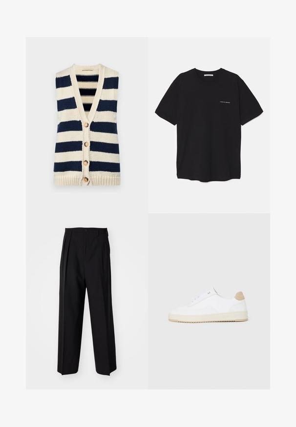 Gestrickte ärmellose Strickjacke mit horizontalen Streifen in Marineblau und Creme. Sie hat einen V-Ausschnitt, fünf Holzknöpfe und gerippte Kanten.; Schwarzes Baumwoll-T-Shirt mit Rundhalsausschnitt, kurzen Ärmeln und weißem Logodruck auf der linken Brust. Einfaches, einfarbiges Design.; Schwarze, plissierte Hose mit geradem, weitem Bein. Hergestellt aus glattem Stoff, mit Knopfverschluss und Gürtelschlaufen.; Weiße Low-Top-Sneaker mit einem strukturierten Lederobermaterial, cremefarbener, geriffelter Sohle und einem braunen Akzent an der Ferse. Mit weißen Schnürsenkeln und Logodetail an der Ferse.