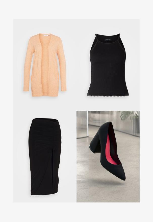VILA VIRIL OPEN - Cardigan - shell coral light melange; Top de bumbac negru cu nervuri, cu dantelă ondulată la margine. Are bretele subțiri și un design ajustat. Fabricat din material elastic.; Fustă creion neagră, plisată, cu detalii cu fundă și o fanta laterală. Fabricată dintr-un material elastic, cu o textură netedă și un design care se mulează pe corp.; Cămașă cu toc înalt, neagră, cu vârful ascuțit, suprafață texturată și interior de un roz vibrant. Dispune de un toc gros cu accent argintiu.