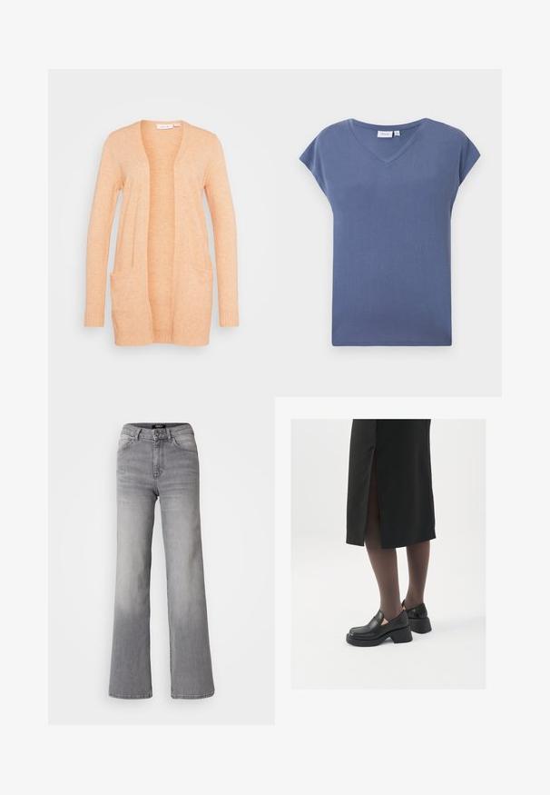 VILA VIRIL OPEN - Vest - shell coral light melange; V-hals, T-shirt met korte mouwen in een gedempte blauwe kleur, gemaakt van zacht katoen met een gladde textuur en een ontspannen pasvorm.; Grijs denim jeans met hoge taille en rechte pijpen, voorzien van een knoop en ritssluiting aan de voorkant, voor- en achterzakken, en een vervaagde schaduw op de dijen en kuiten.; Zwarte leren schoenen met een ronde neus, dikke blokhak en elastische zijkanten, gecombineerd met donkere panty's en een zwarte rok met een split.