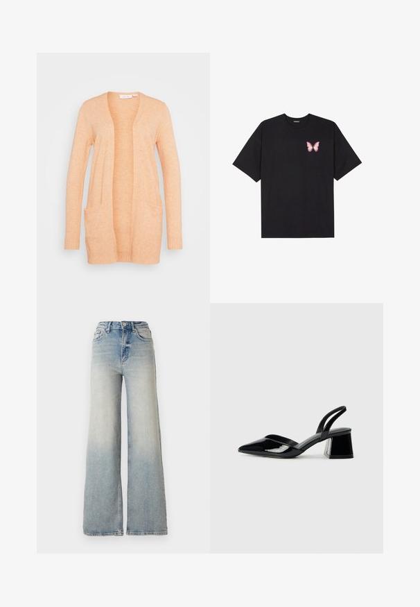 VILA VIRIL OPEN CARDIGAN - Kardiganas - shell coral light melange; Juodas medvilnės marškinėliai trumpomis rankovėmis, su maža rožine drugelio grafika kairėje krūtinės pusėje. Apvalus kaklo iškirpimas, laisvas kirpimas.; Šviesiai mėlynus plačius džinsus, pagamintus iš džinsinio audinio, su aukštu liemeniu, penkiomis kišenėmis ir matomais siūlėmis.; Juodos lakuotos odinės šlepetės su smailiu pirštu ir geometriniu bloko kulnu. Turi elegantišką, minimalistinį dizainą ir lygų paviršių.