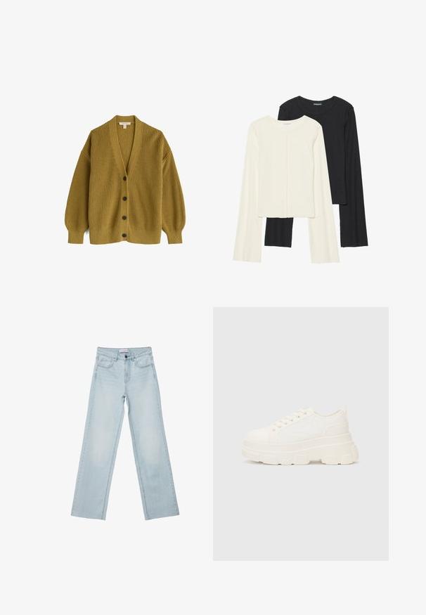 Senapsgul cardigan, ribbat textur, långa ärmar, v-ringning, med fem mörka knappar fram och lös passform.; Set med två långärmade toppar i vitt och svart. Ribbade texturer, rund hals, figurnära design med något utställda ärmar.; Ljust blå vida jeans i denim. Har fem fickor, knappgylf och blekta detaljer. Klassisk rak passform med en lös passform.; Vitcanvas sneakers med en chunky sula, rund tå och fem öglor för snören. Bakre tab för enkel påtagning. Slät yta, minimalistisk design.