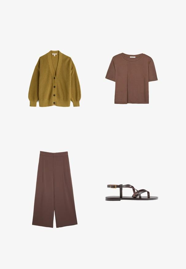 Horčicový kardigan, rebrovaná textúra, dlhé rukávy, výstrih do V, s piatimi tmavými gombíkmi vpredu a voľný strih.; Hnedé tričko s krátkym rukávom vyrobené z jemného materiálu, s okrúhlym výstrihom a voľným strihom. Žiadne viditeľné vzory ani akcenty.; Hnedé nohavice so širokými nohavicami a hladkou textúrou, s vysokým pásom a prednými skladmi. Tkanina je ľahká a voľne sa pohybuje.; Hnedé kožené sandály s krížovými popruhmi, uzatváraním na pracku okolo členku a plochou podrážkou s minimálnymi ševmi.