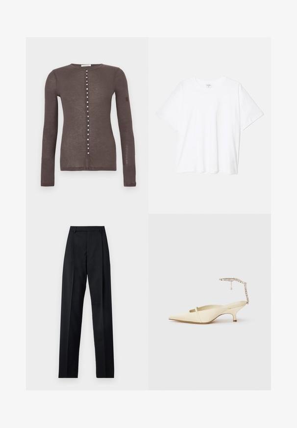 Cardigã castanho de manga comprida com pequenos botões brancos na frente e decote redondo.; T-shirt de algodão branco com mangas curtas, decote redondo, corte descontraído e bainha cosida. Etiqueta visível no interior do pescoço.; Calças pretas feitas de um tecido suave, com uma cintura alta, pernas largas, pregas frontais e passadores de cinto clássicos. Não há bolsos laterais visíveis.; Salto slingback de bico fino em creme, com faixa frontal fina e correia com joias no tornozelo, em fundo branco.