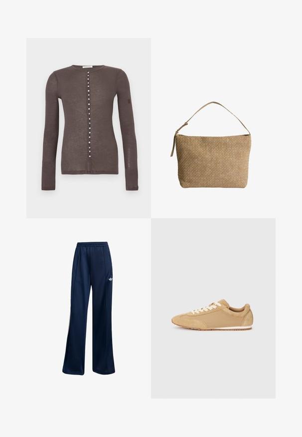 Hnědý cardigan s dlouhými rukávy, malými bílými knoflíky po celé přední straně a kulatým výstřihem.; Jednoduché bílé tričko s krátkým rukávem a kulatým výstřihem, slim fit, vystavené rovně na bílém pozadí.; Námořnické modré sportovní kalhoty vyrobené z hladkého materiálu, s elastickým pasem a bílým logem na levém boku. Rovný střih.; Světle hnědé tenisky vyrobené z semiše a textilu, s kulatou špičkou, bílými tkaničkami a gumovou podrážkou s texturovaným povrchem.; Woven béžová kožená taška s jedním ramenním popruhem, obdélníkového tvaru a strukturovaným povrchem. Součástí je také nastavitelné kování na popruh.