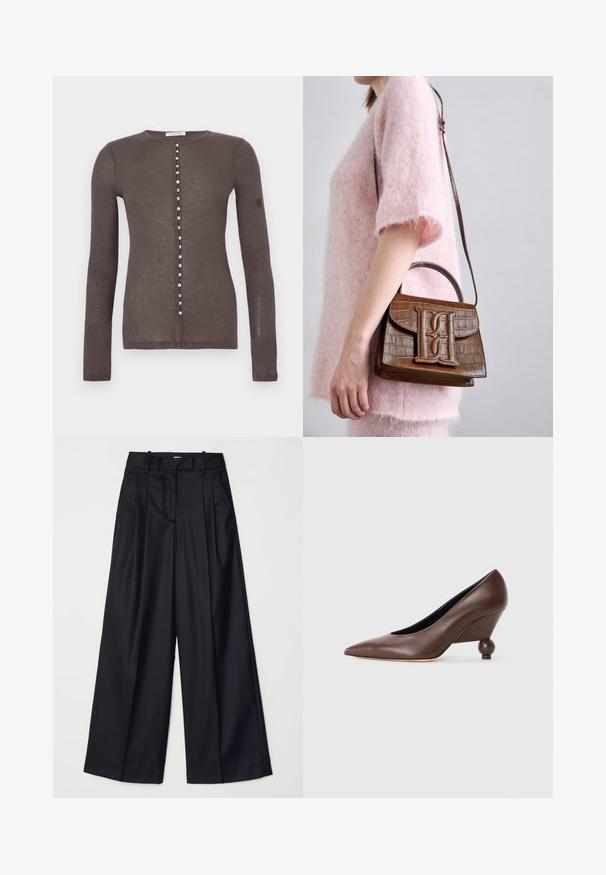 Brown long-sleeve cardigan with small white buttons down the front and a round neckline.; Black ribbed tank top featuring a round neckline and embroidered logo in white. Fabric has a smooth texture with a fitted shape.; Black wide-leg trousers made of smooth fabric, featuring a high waist, pleats, and a tailored design. Simple black hardware at the waist.; Brown leather wedge pump with a pointed toe and a rounded, ball-shaped heel. Smooth texture with a simple design and minimal accents.; Brown crocodile-embossed handbag with a top handle and shoulder strap. Features a prominent logo on the front flap. Soft texture.