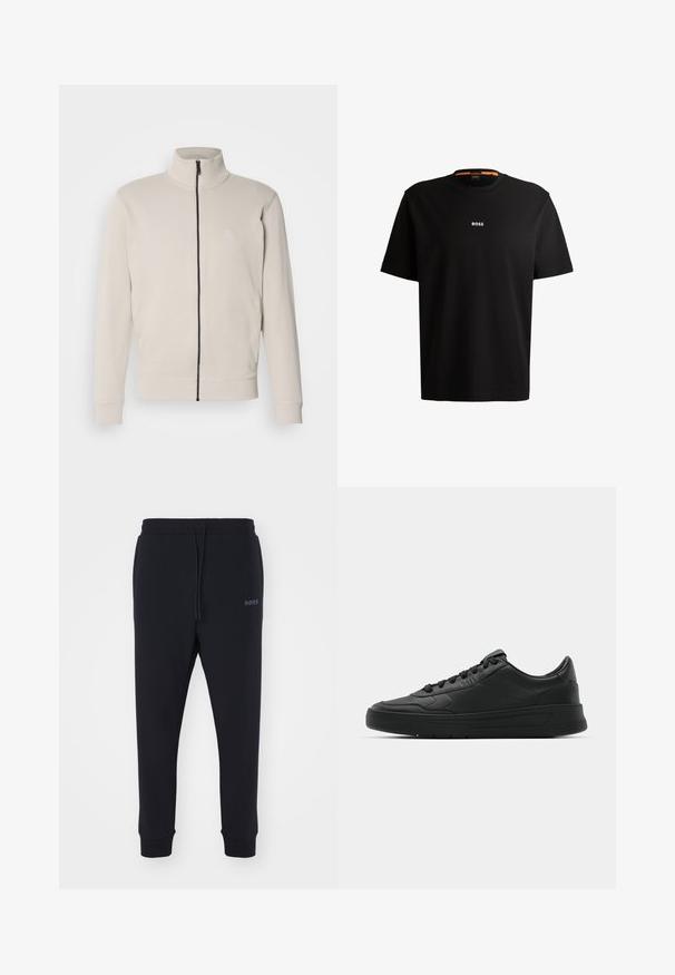 Svetlo bež jakna na zadrgo z visokim ovratnikom, rebrastimi manžetami in majhnim logotipom na prsih. Mehka tkanina in poenostavljeno oblikovanje.; Črna bombažna majica s krožnim izrezom, kratkimi rokavi in belim logotipom "BOSS" na sredini prsnega dela. Gladka tekstura, sproščen kroj.; Črne trenirke iz mehkega materiala z elastičnim pasom, vrvico in zoženimi nogami. Imajo majhen logotip na strani.; Črne superge z gladkim usnjenim zgornjim delom, okroglo konico, ravnimi vezalkami, oblazinjeno ovratnikom in minimalističnim dizajnom. Gumijast podplat z diskretnim profilom.