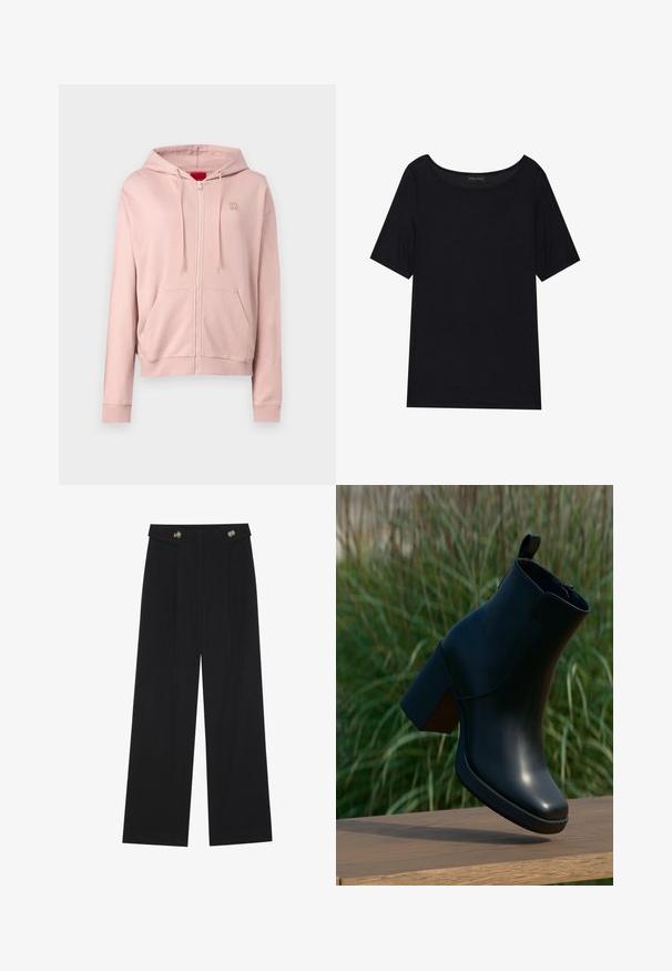 HUGO DALFINE - Felpa con zip - natural; T-shirt nera a maniche corte con scollatura ampia. Realizzata in un tessuto morbido e leggero. Design semplice senza motivi o dettagli.; Pantaloni neri a gamba larga con vita alta, dettagli con bottoni in vita e pieghe frontali.; Stivaletto alla caviglia in pelle nera con tacco a blocco sospeso sopra una superficie in legno, erba verde sfocata sullo sfondo.