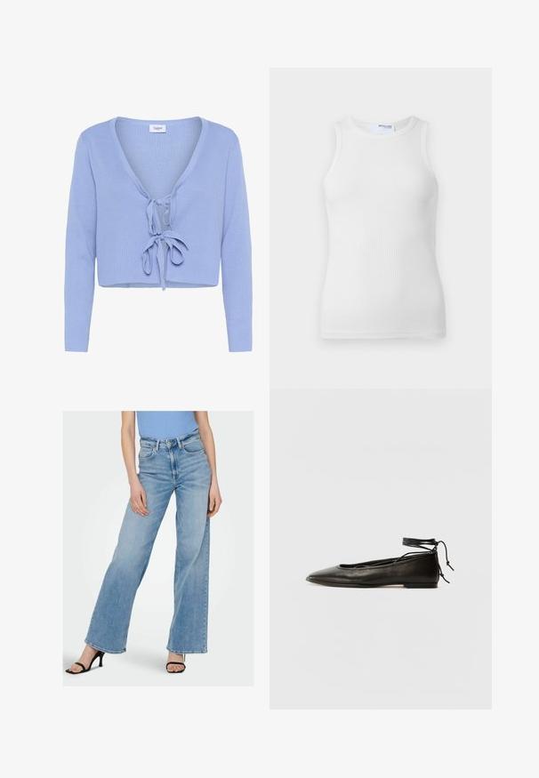 Világoskék, rövidített kardigán hosszú ujjal, bordázott textúrával, mély V-kivágással és elöl megkötős záródással. A nyakrészen látható a "Saint" márkajelzés.; Fehér bordázott ujjatlan top, kerek nyakkivágással. Simább textúrájú, testhezálló fazonú, látható díszítések nélkül.; Világoskék farmer széles szárú nadrág magas derékkal, látható varrással és klasszikus öt zsebes dizájnnal. Fekete pántos magassarkúval párosítva.; Fekete bőr balettcipők hegyes orral, bokakötővel és lapos talppal, sima textúrával és minimalista dizájnnal.