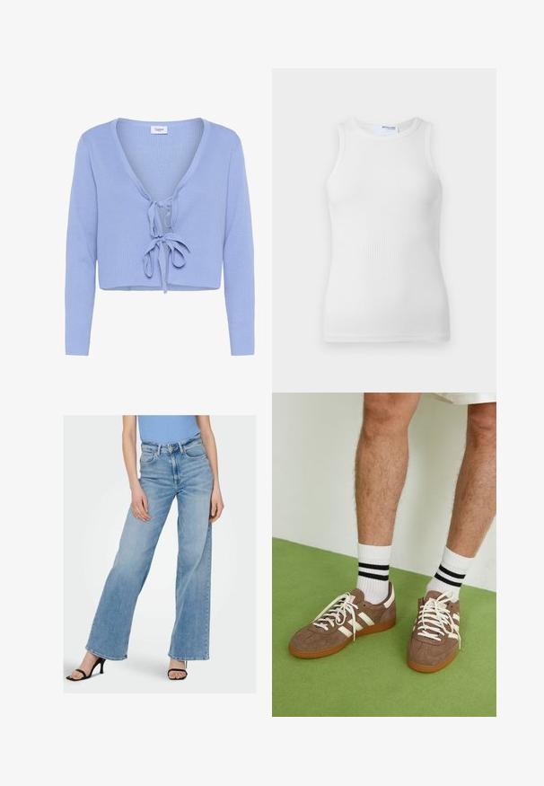 Heledsinise värvi lühikesed varrukad ja sügava V-kaelusega kardigan, millel on soonikust tekstuur ja ees side. Brändi silt "Saint" on nähtav kaeluses.; Valge ribadega T-särk ümmarguse kaeluse ja varrukateta disainiga. Sile tekstuur ja figuuri puudutav siluett, ilma nähtavate detailideta.; Heledad sinise denimi laiade sääreline püksid kõrge vöökohaga, nähtavate õmblustega ja klassikalise viie taskuga disainiga. Kombineeritud mustade õhukeste kontsakingadega.; Prune nahkkingad valgete aktsentide ja paeltega. Kummikummist tallad. Kandu valgeid sokke mustade triipudega. Roheline tekstuuriga põrand.