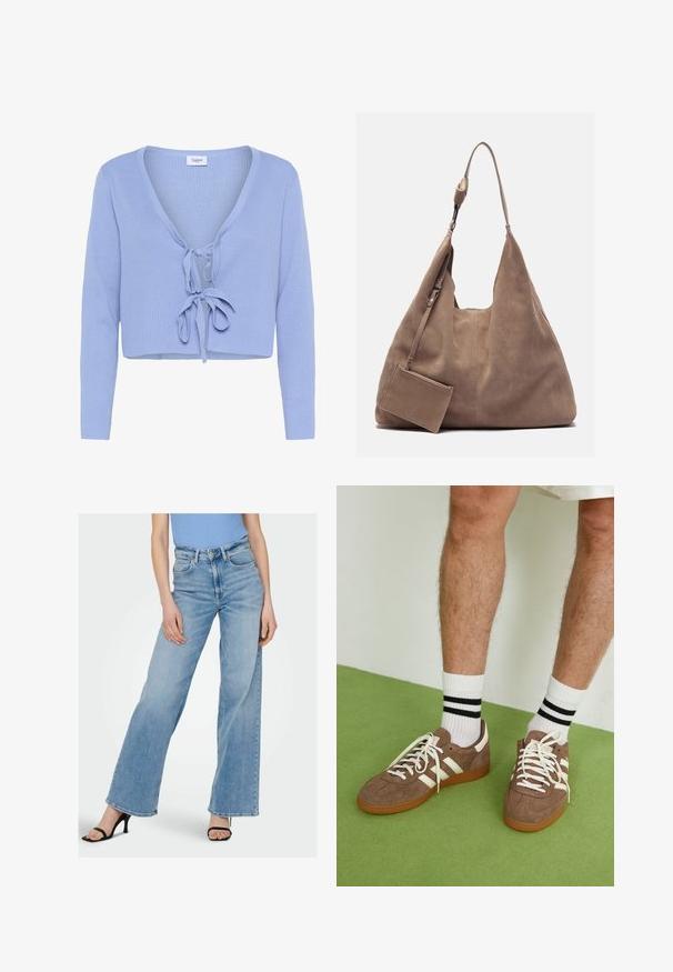 Cardigan scurt de culoare albastru deschis, cu mâneci lungi, textură ribbed, decolteu în V adânc și închidere cu legătură în față. Eticheta brandului "Saint" vizibilă la decolteu.; Top alb cu dungi, fără mâneci, cu guler rotund. Textură netedă, cu un siluetă ajustată și fără accente vizibile.; Jeansi din denim de culoare bleu deschis, cu talie înaltă, având cusături vizibile și un design clasic cu cinci buzunare. Asortați cu pantofi cu toc subțire negri.; Adidași maro din suede cu accente și șireturi albe. Talpă din cauciuc de culoare caramel. Purtați cu șosete albe cu dungi negre. Pardoseală verde texturată.; Zign LEATHER - Geantă de pânză - light brown