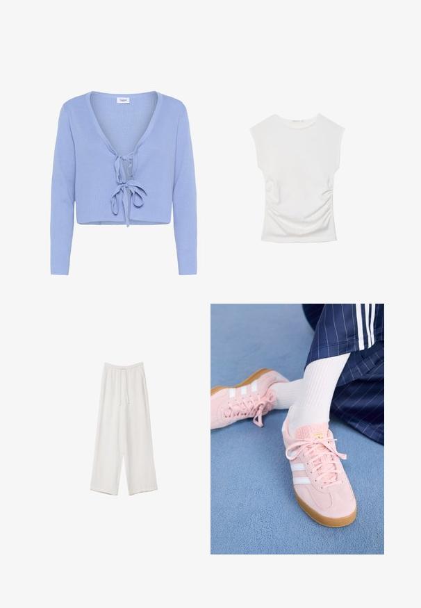 Světle modrý zkrácený kardigan s dlouhými rukávy, žebrovanou texturou, hlubokým V-výstřihem a předním uvázáním. Otagovaná značka "Saint" je viditelná na výstřihu.; Bílý tílko bez rukávů s kulatým výstřihem a jemnými bočními řasením, zobrazené na rovném povrchu na bílém pozadí.; Bílé široké kalhoty vyrobené z lehké tkaniny. Mají elastický pas se šňůrkou a boční kapsy. Hladká textura.; Svetle růžové semišové tenisky s bílými pruhy a tkaničkami, s texturovaným jazykem a gumovou podrážkou, položené na modrém koberci.