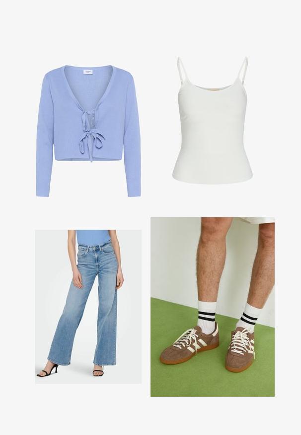 Gaiši zila īsā kardigāna veste ar garām piedurknēm, ribota tekstūra, dziļš V veida kakla izgriezums un priekšējā saslēgšana. Zīmola uzlīme "Saint" redzama pie kakla izgriezuma.; Balta bez piedurknēm blūze ar regulējamām siksnām, pieguļošs dizains, gluda auduma tekstūra un apaļa kakla izgriezums. Nav rakstu vai metāla detaļu.; Gaiši zili denima plaša kāju džinsi ar augstu jostu, ar redzamām šuvēm un klasisko piecu kabatu dizainu. Apvienoti ar melnām siksnām uz papēžiem.; Brūni zamša sporta apavi ar baltām akcentu un auklām. Kaučuka zole. Nēsāti ar baltām zeķēm, kurām ir melnas svītras. Zaļa struktūrēta grīda.