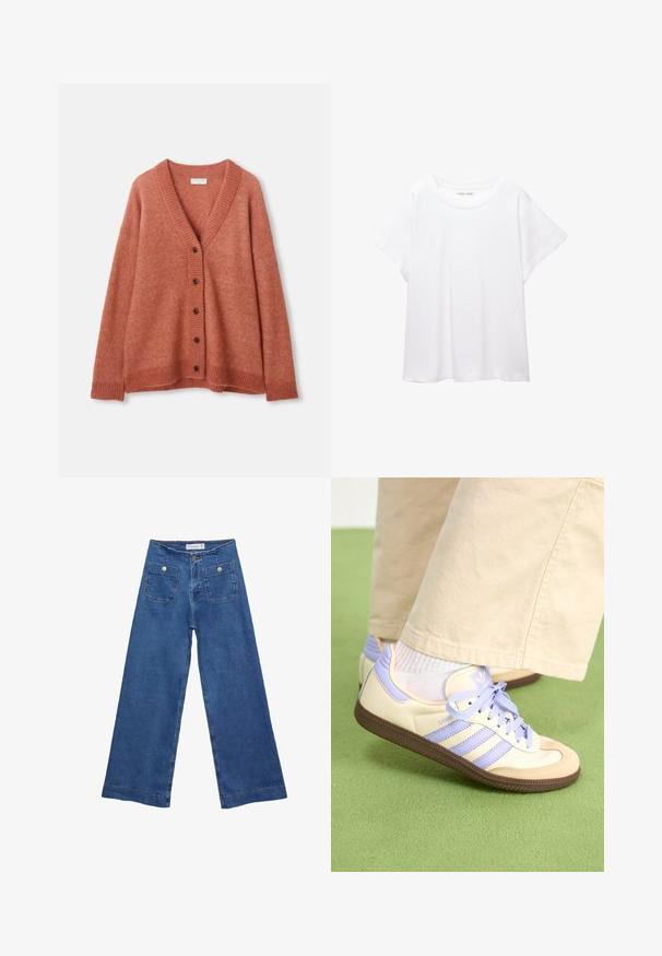 Kardigan od vune boje hrđe s V-izrezom, pet tamnih dugmadi sprijeda, rebrasti rukavi, rub i izrez.; Bijela majica od mekane, lagane tkanine. Ima okrugli izrez i kratke, široke rukave s ležernim krojem. Bez vidljivih uzoraka.; Denim široke hlače s medijskom plavom pranju, dva prednja džepa s dugmadi, i šivana dekoracija duž rubova.; Kremasto-ljubičaste tenisice s tri pruge i strukturiranim smeškim potplatom, s vezicama i podstavljenim petom. Mekana gornja tkanina.