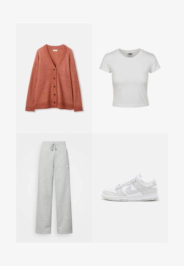 Rozsdabarnára festett gyapjú kardigán V-nyakkivágással, öt sötét gombbal elöl, bordás mandzsettákkal, szegéllyel és nyakkal.; Fehér pamut póló klasszikus kerek nyakkal, rövid ujjal és testhezálló szabással. Nincsenek látható minták vagy díszítések.; Szürke melegítőnadrág, elasztikus derékkal, zsinóros részletekkel és egy kis fehér Nike logóval a bal combon. Puha anyag, laza fazon.; Fehér bőr sportcipők szürke részletekkel, perforált orral, lapos fűzővel, párnázott gallérral és texturált gumitalppal.