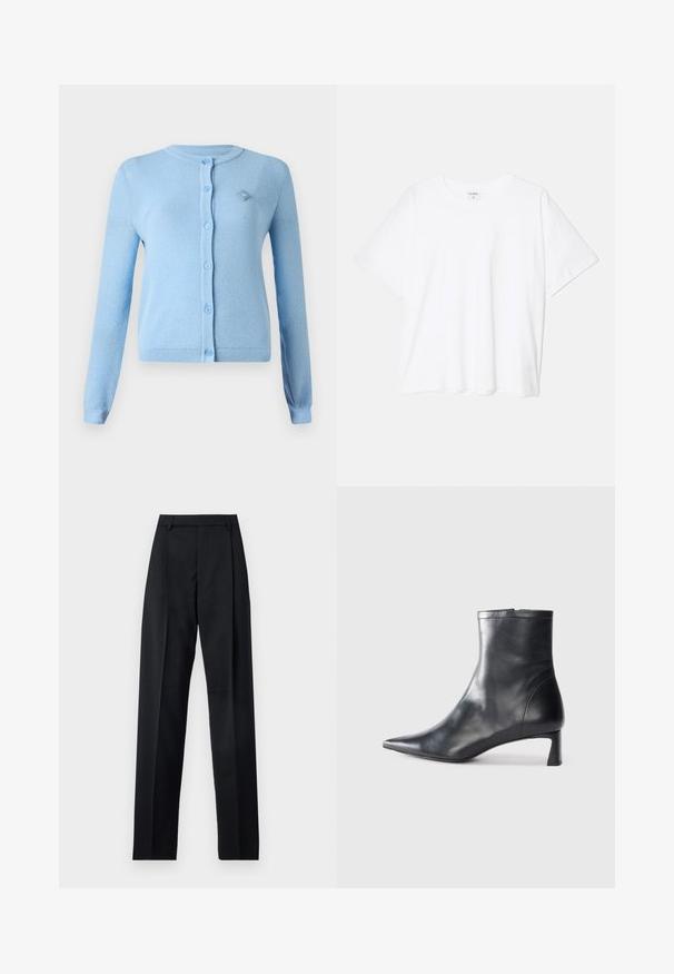 Világoskék kardigán, puhán bordázott anyagból készült. Hosszú ujjakkal, kerek nyakkivágással és gombos záródással rendelkezik, kis logóval ellátott folttal.; Fehér pamut póló rövid ujjal, kerek nyakkivágással, laza fazonnal és varrott szegéllyel. Címke látható a belső nyakrészén.; Fekete nadrág sima anyagból, magas derékkal, széles lábakkal, elülső redőkkel és klasszikus övhurkokkal. Oldalzsebek nem láthatók.; Fekete bőr bokacsizma hegyes orral és letisztult dizájnnal. Alacsony sarka és hátsó cipzáras záródása van. Simának tűnő textúra.
